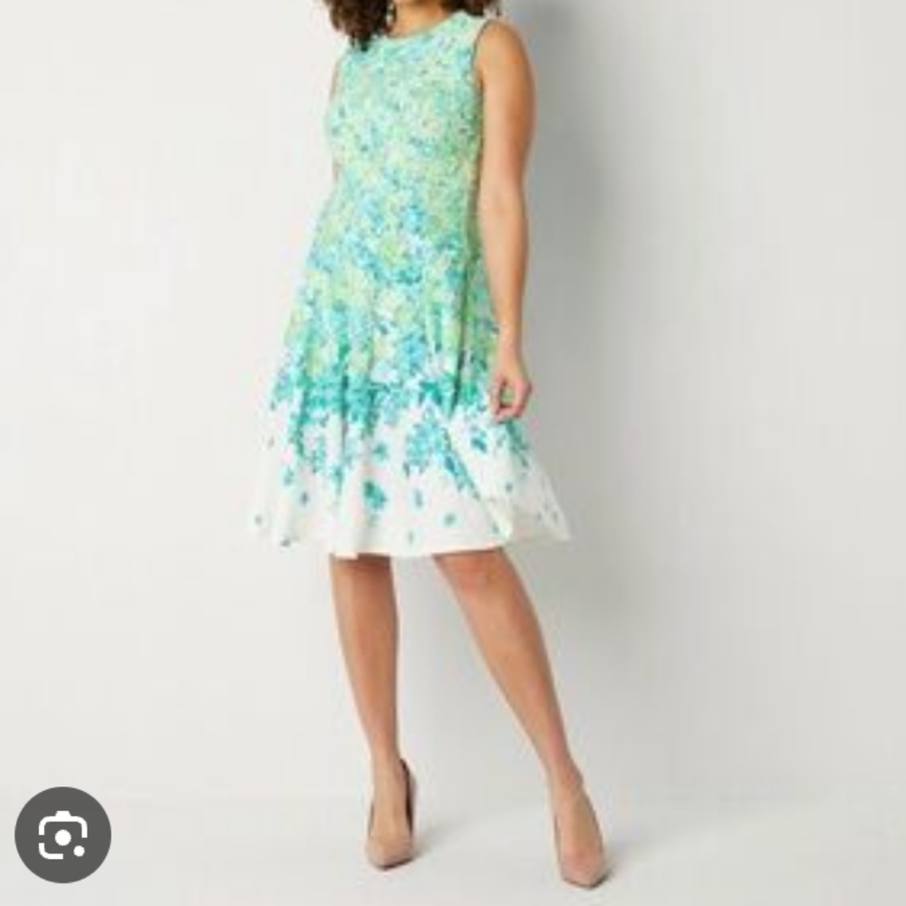 Danny & Nicole Floral Plus Size Sleeveless Dress - Green and White